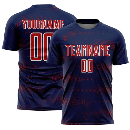 Custom Navy Red-White Streamline Wave Cyberpunk Neon Tech Sports Sublimation Soccer Uniform Jersey - Main View