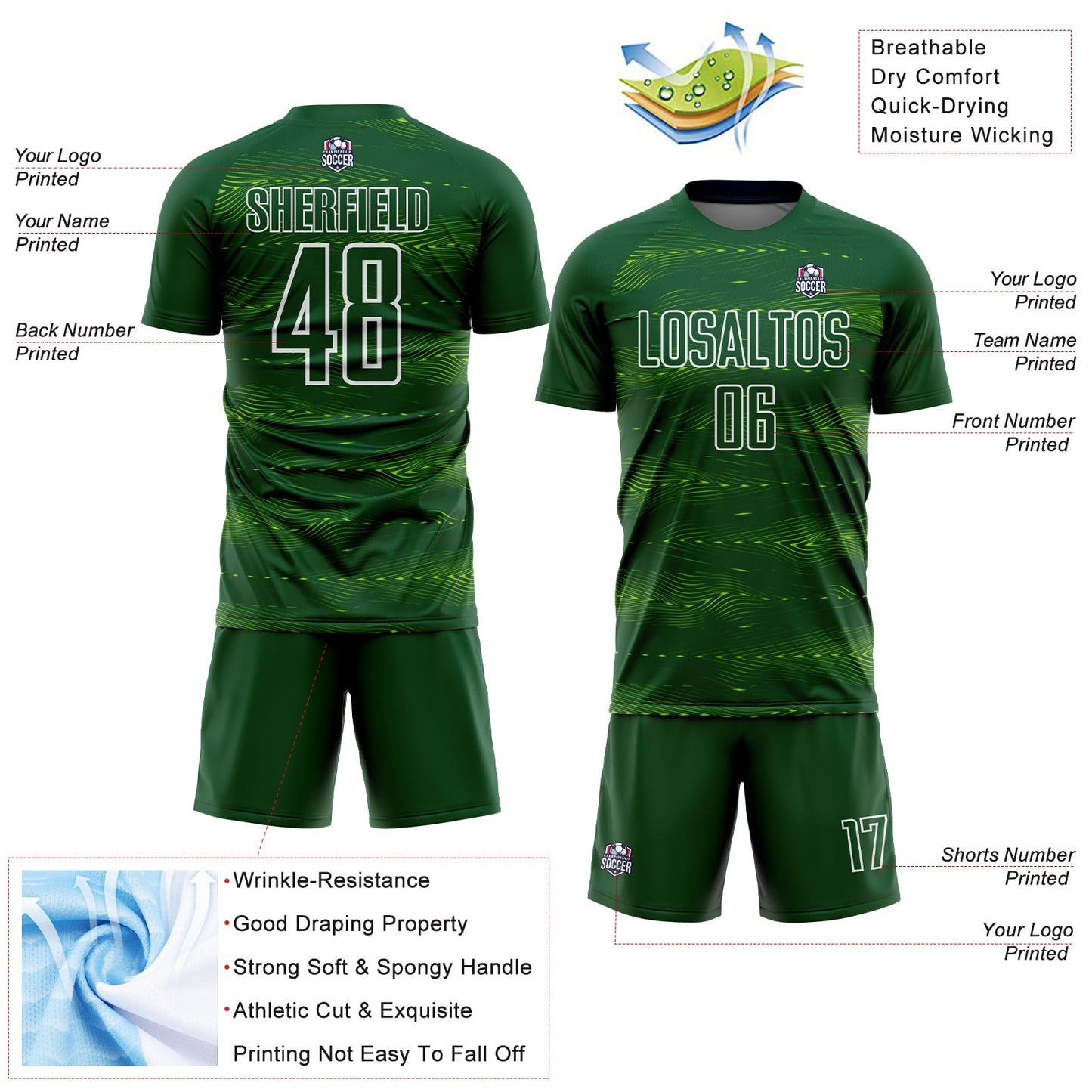 Custom Green Neon Green-White Streamline Wave Cyberpunk Neon Tech Sports Sublimation Soccer Uniform Jersey view 4