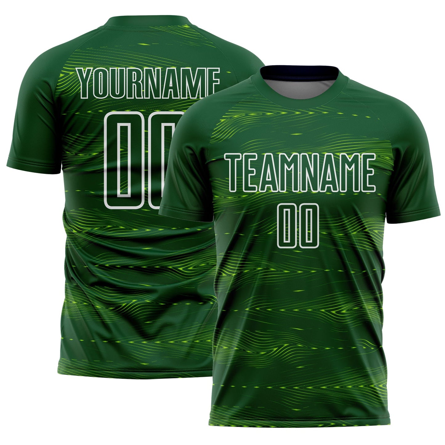 Custom Green Neon Green-White Streamline Wave Cyberpunk Neon Tech Sports Sublimation Soccer Uniform Jersey - Main View