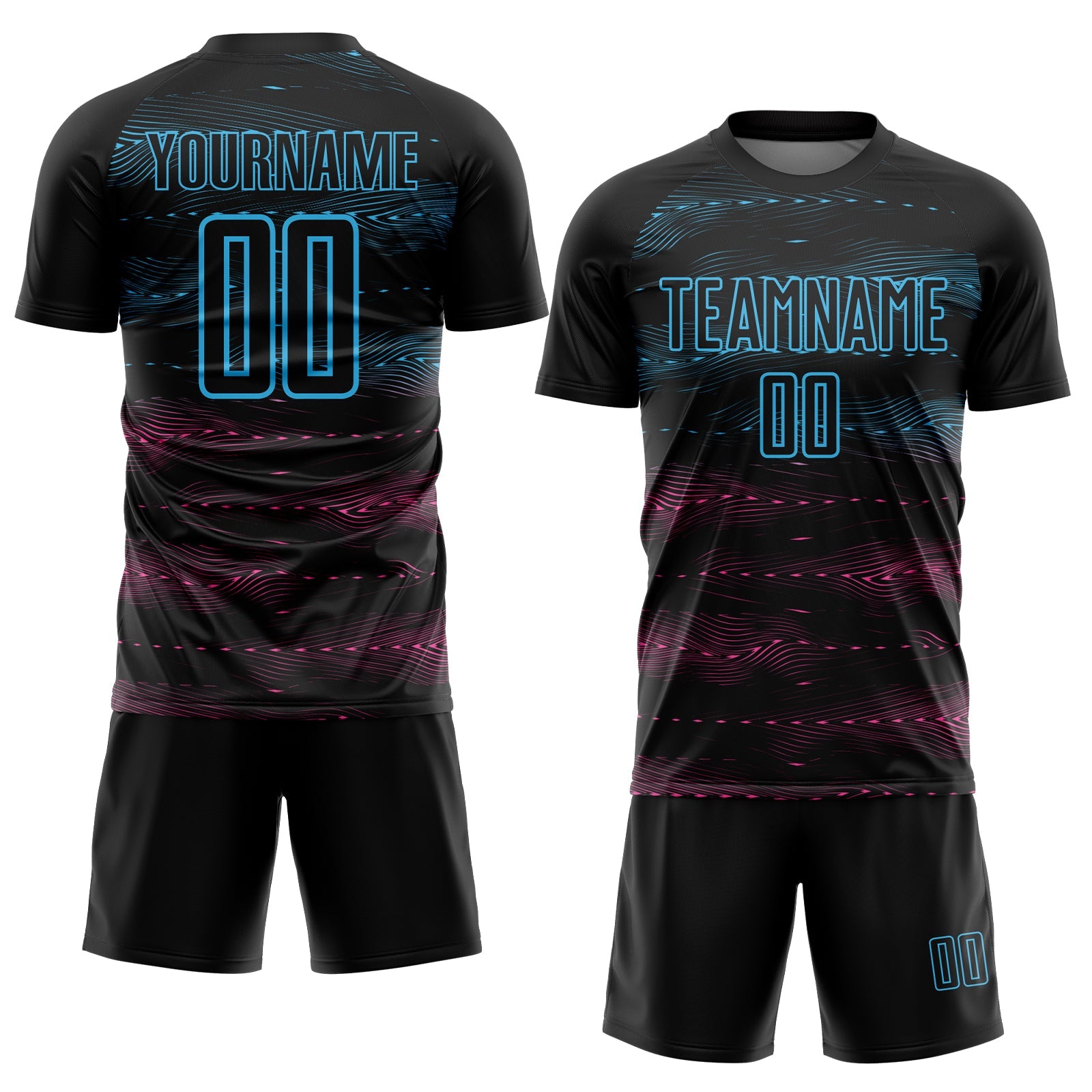 Custom Black Sky Blue-Pink Streamline Wave Cyberpunk Neon Tech Sports Sublimation Soccer Uniform Jersey view 2
