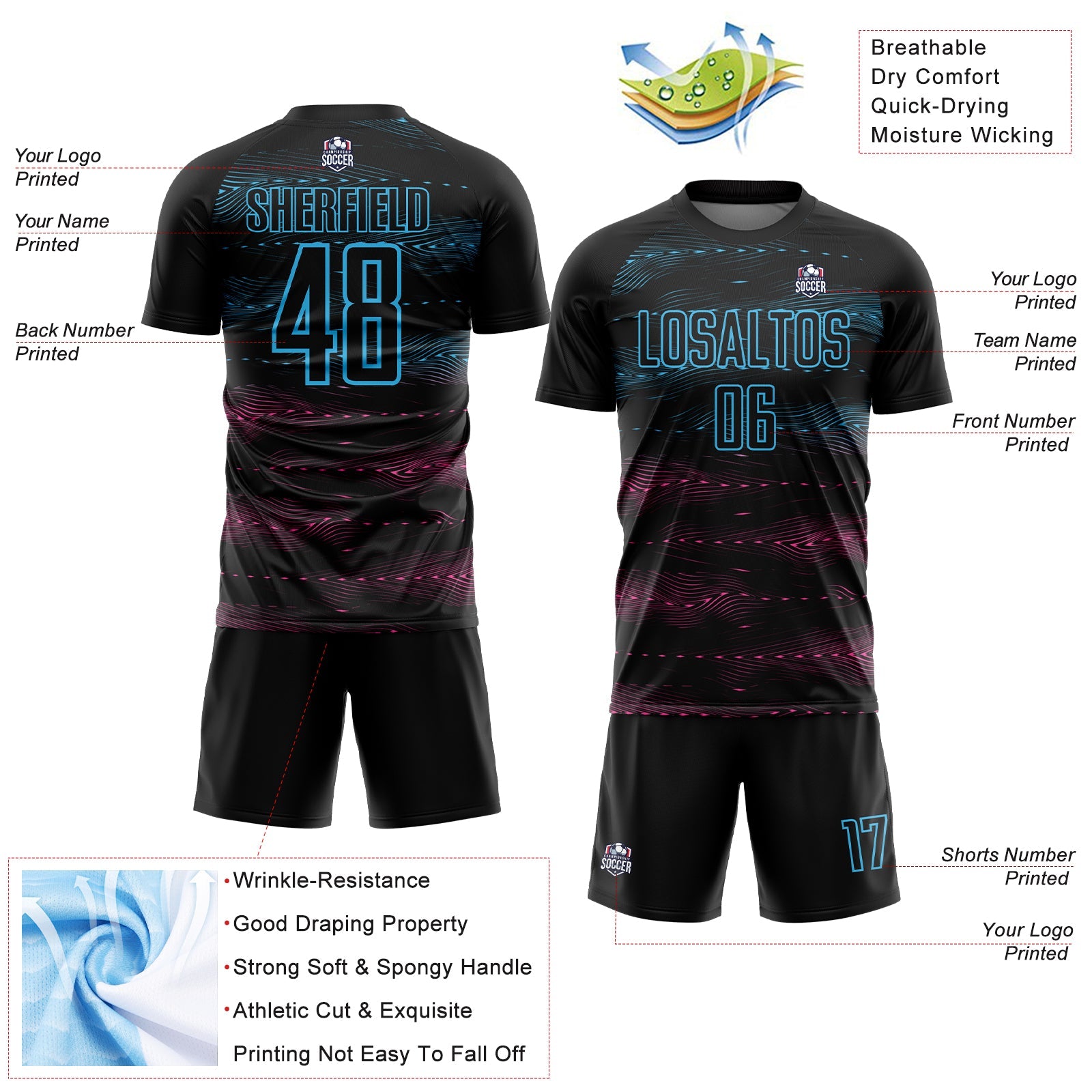 Custom Black Sky Blue-Pink Streamline Wave Cyberpunk Neon Tech Sports Sublimation Soccer Uniform Jersey view 4