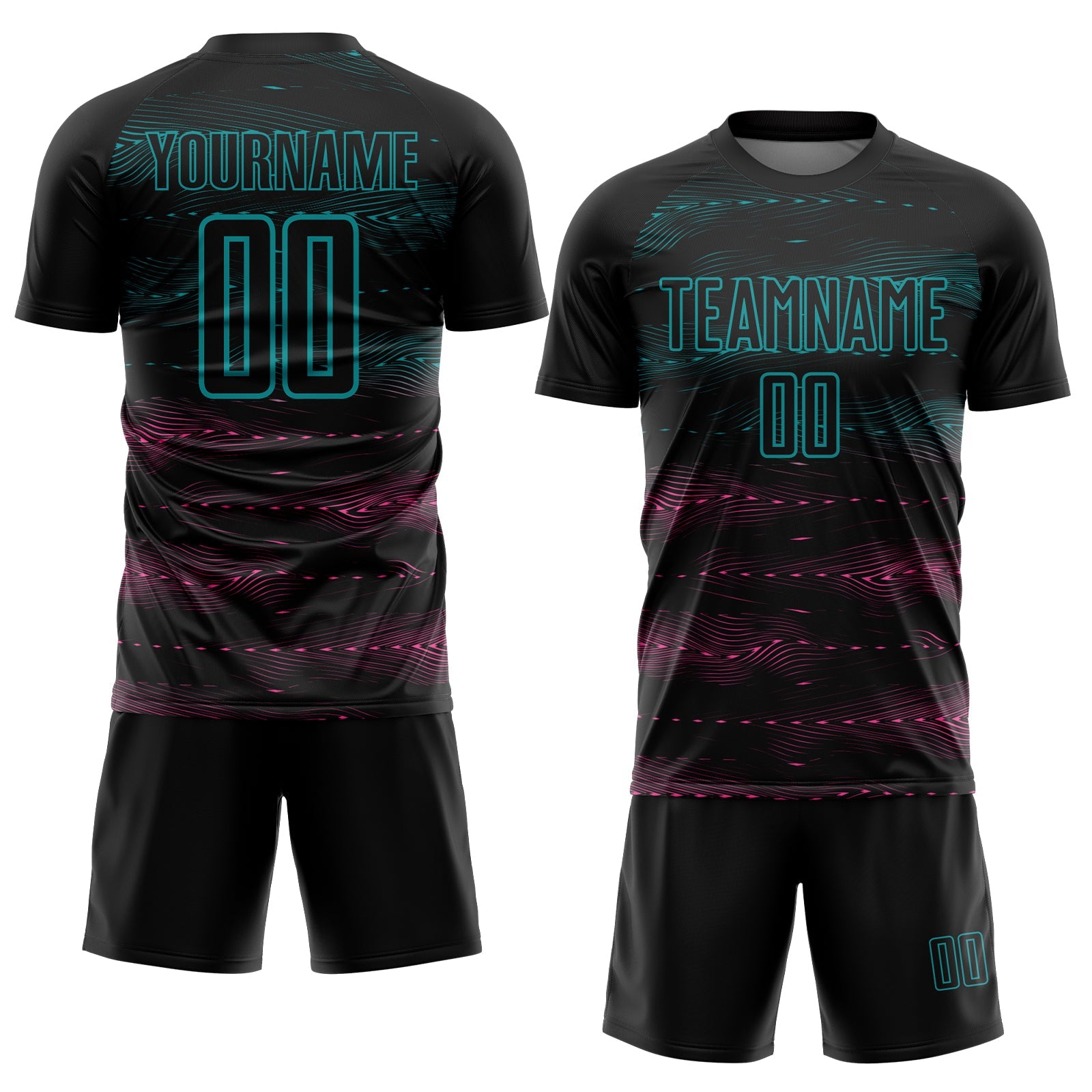 Custom Black Teal-Pink Streamline Wave Cyberpunk Neon Tech Sports Sublimation Soccer Uniform Jersey view 2