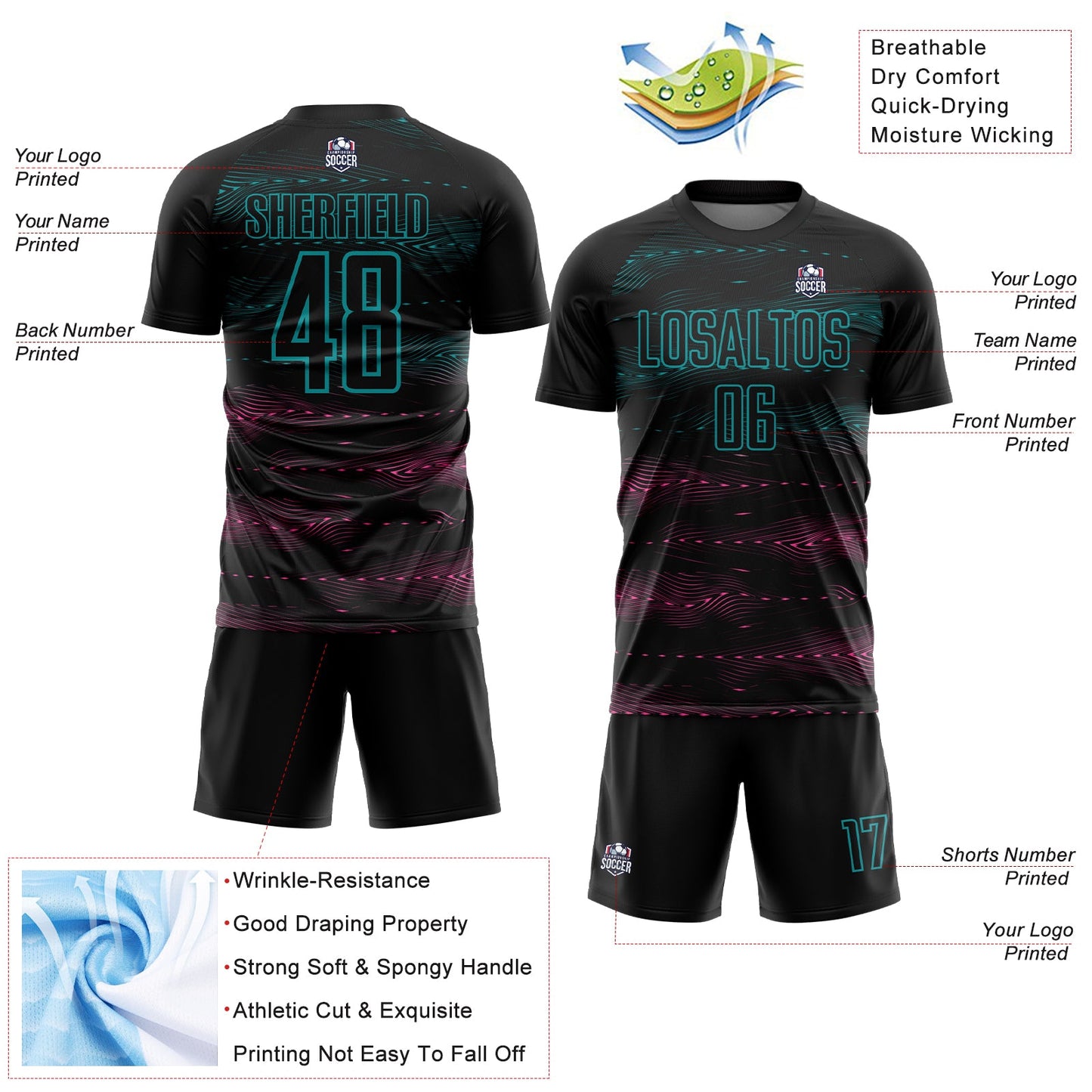 Custom Black Teal-Pink Streamline Wave Cyberpunk Neon Tech Sports Sublimation Soccer Uniform Jersey view 4