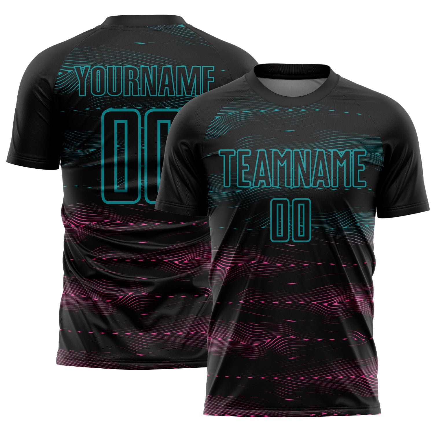 Custom Black Teal-Pink Streamline Wave Cyberpunk Neon Tech Sports Sublimation Soccer Uniform Jersey - Main View