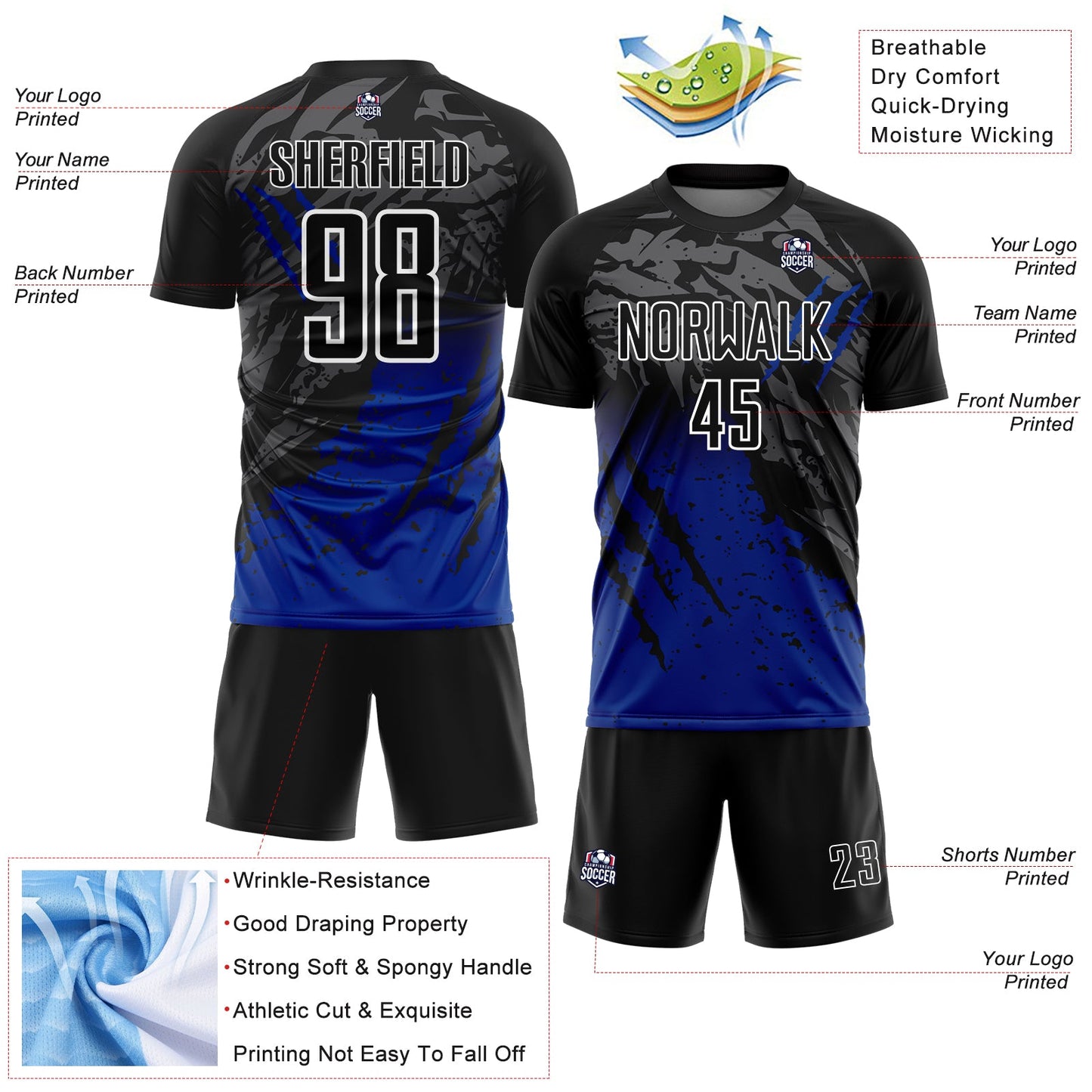 Custom Black White-Royal Gradient Claw Mark Splatter Sports Sublimation Soccer Uniform Jersey view 4