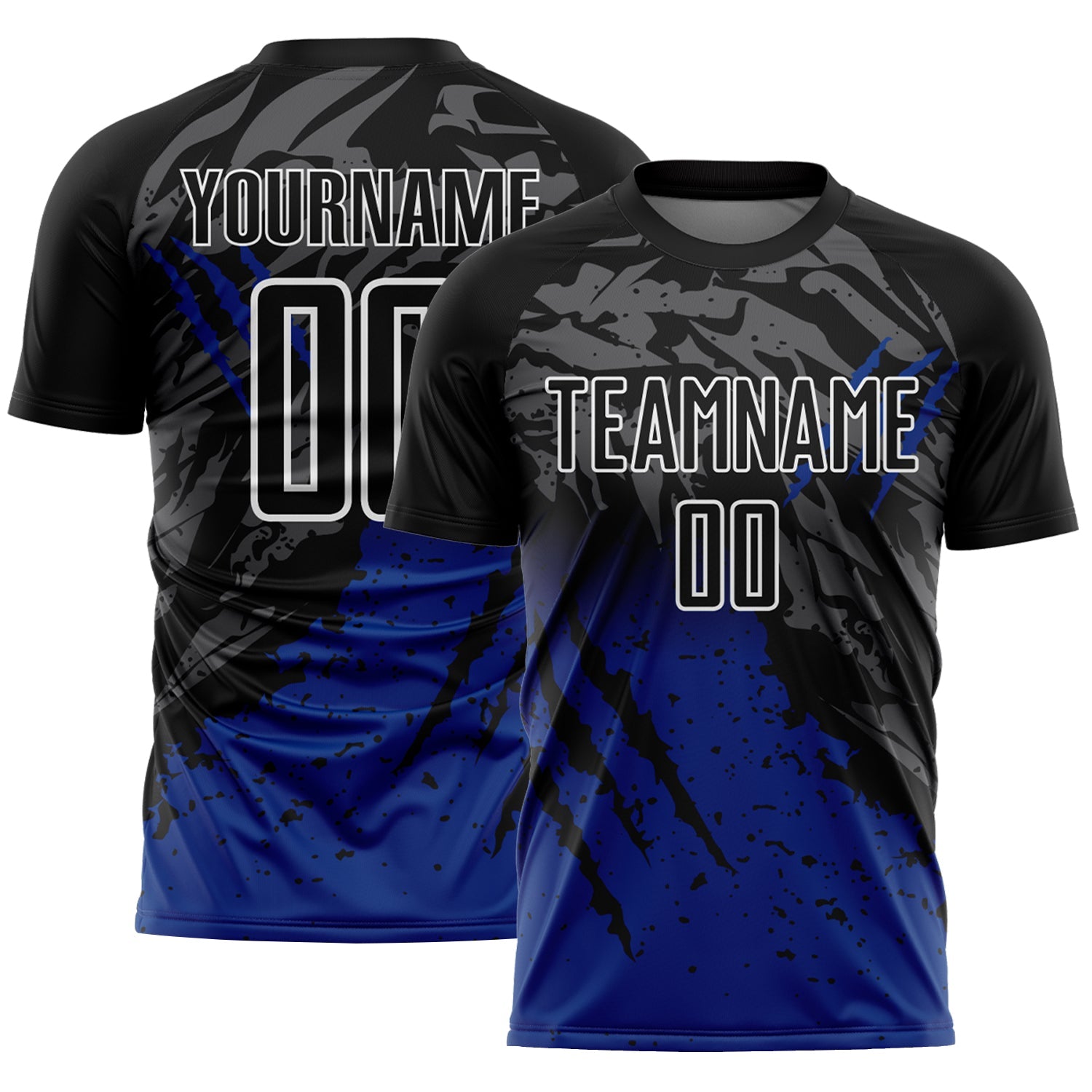 Custom Black White-Royal Gradient Claw Mark Splatter Sports Sublimation Soccer Uniform Jersey - Main View