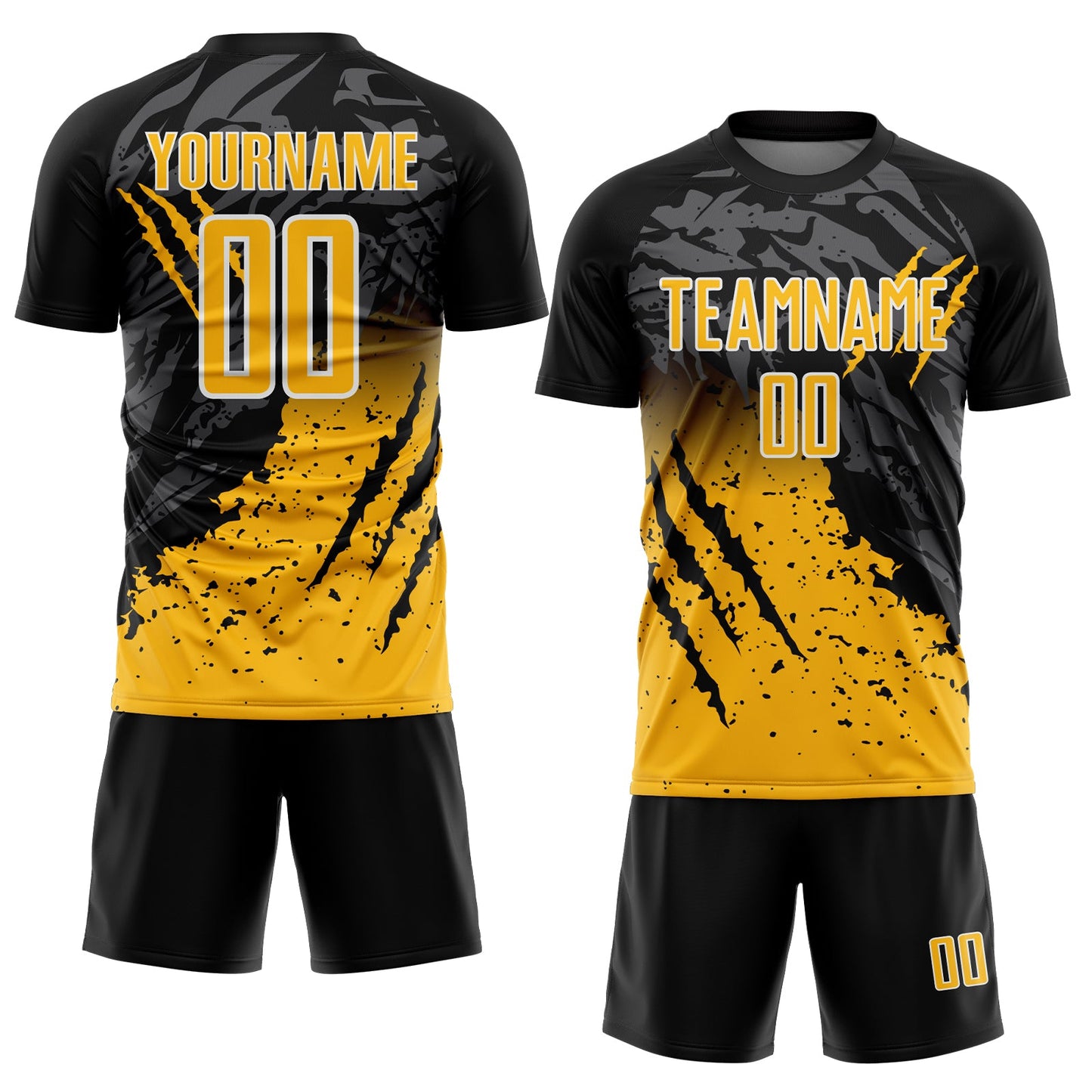 Custom Black Gold-White Gradient Claw Mark Splatter Sports Sublimation Soccer Uniform Jersey view 2