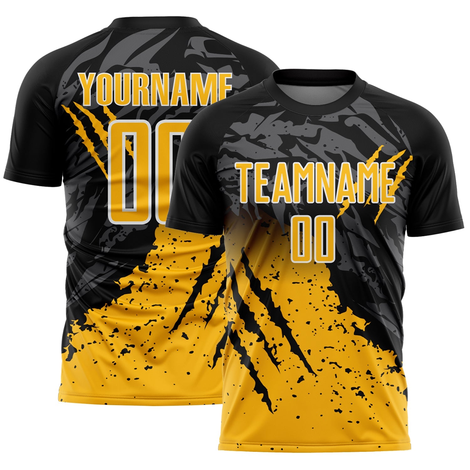 Custom Black Gold-White Gradient Claw Mark Splatter Sports Sublimation Soccer Uniform Jersey - Main View