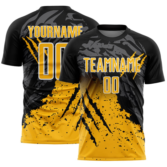 Custom Black Gold-White Gradient Claw Mark Splatter Sports Sublimation Soccer Uniform Jersey - Main View