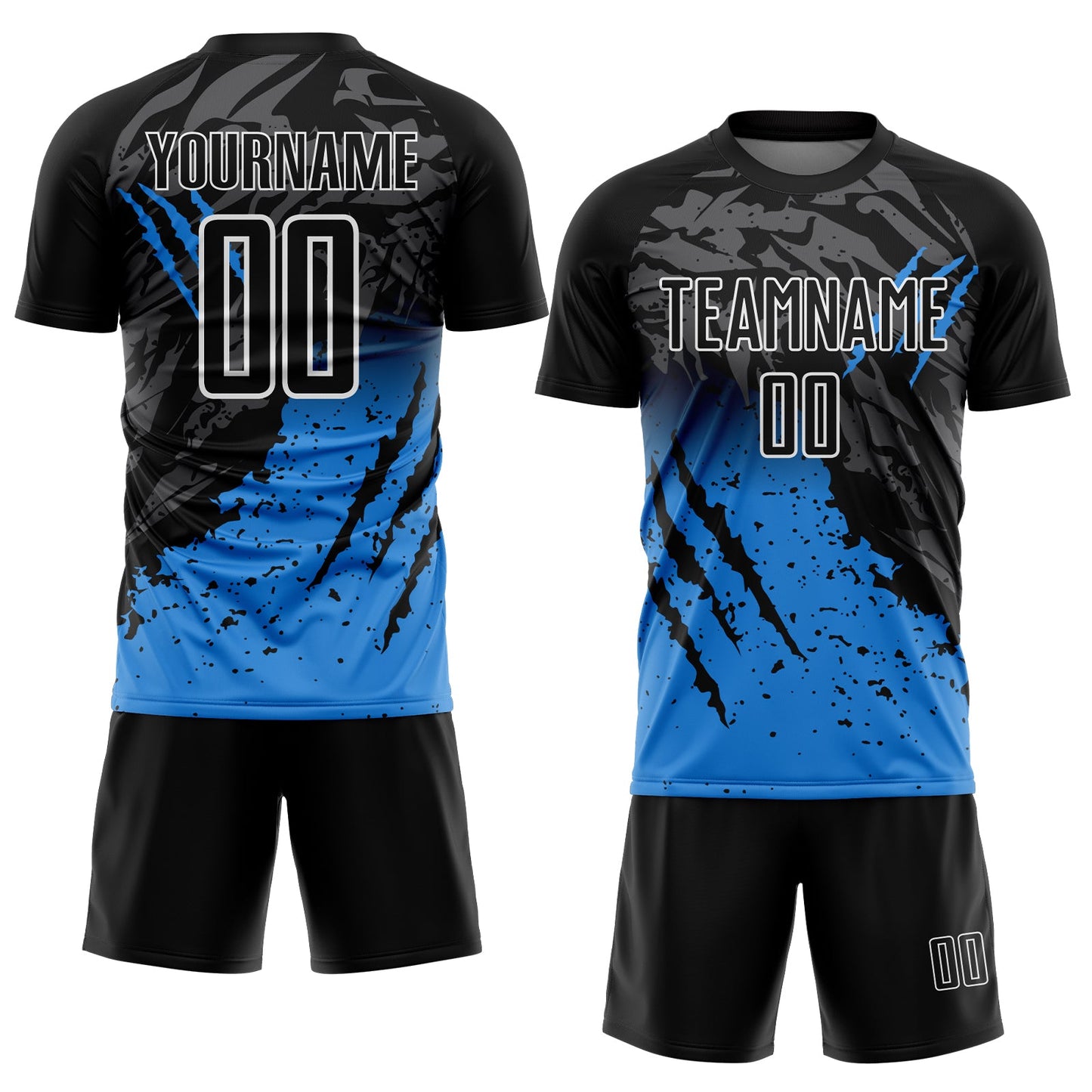 Custom Black White-Powder Blue Gradient Claw Mark Splatter Sports Sublimation Soccer Uniform Jersey view 2