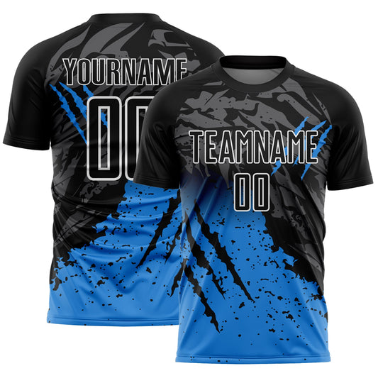 Custom Black White-Powder Blue Gradient Claw Mark Splatter Sports Sublimation Soccer Uniform Jersey - Main View