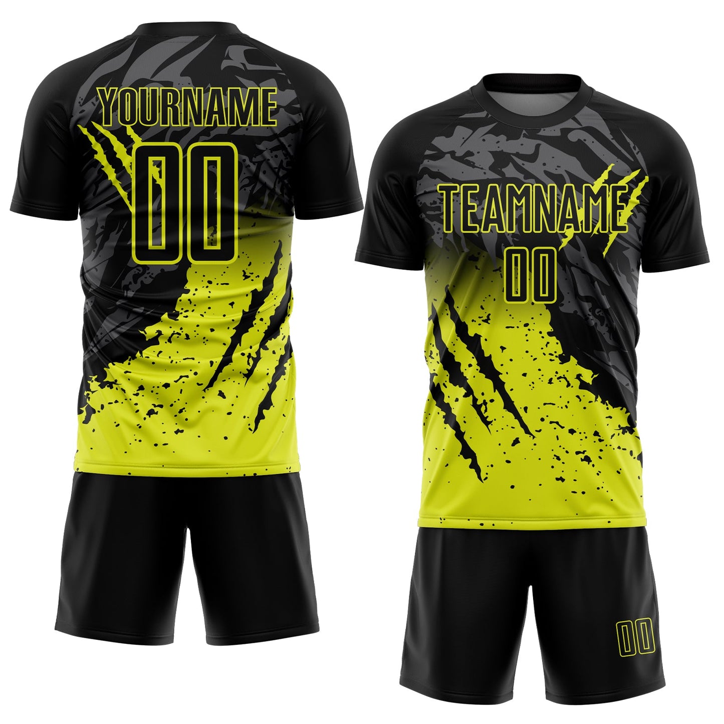 Custom Black Neon Yellow Gradient Claw Mark Splatter Sports Sublimation Soccer Uniform Jersey view 2