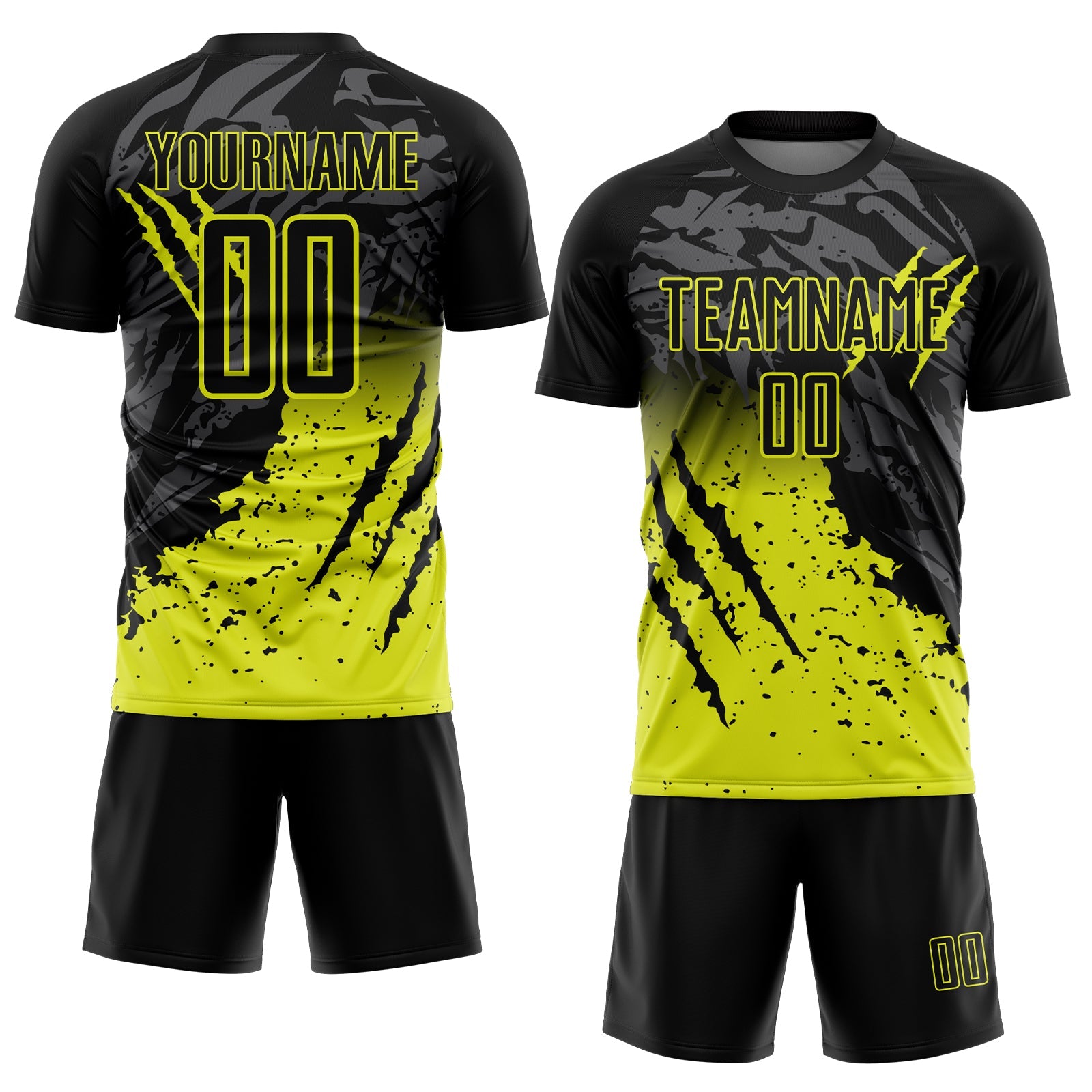 Custom Black Neon Yellow Gradient Claw Mark Splatter Sports Sublimation Soccer Uniform Jersey view 2