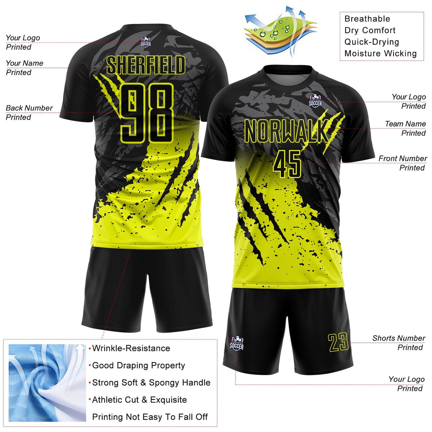 Custom Black Neon Yellow Gradient Claw Mark Splatter Sports Sublimation Soccer Uniform Jersey view 4