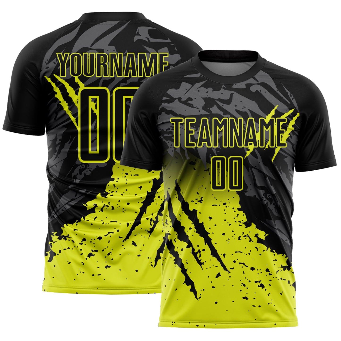 Custom Black Neon Yellow Gradient Claw Mark Splatter Sports Sublimation Soccer Uniform Jersey - Main View