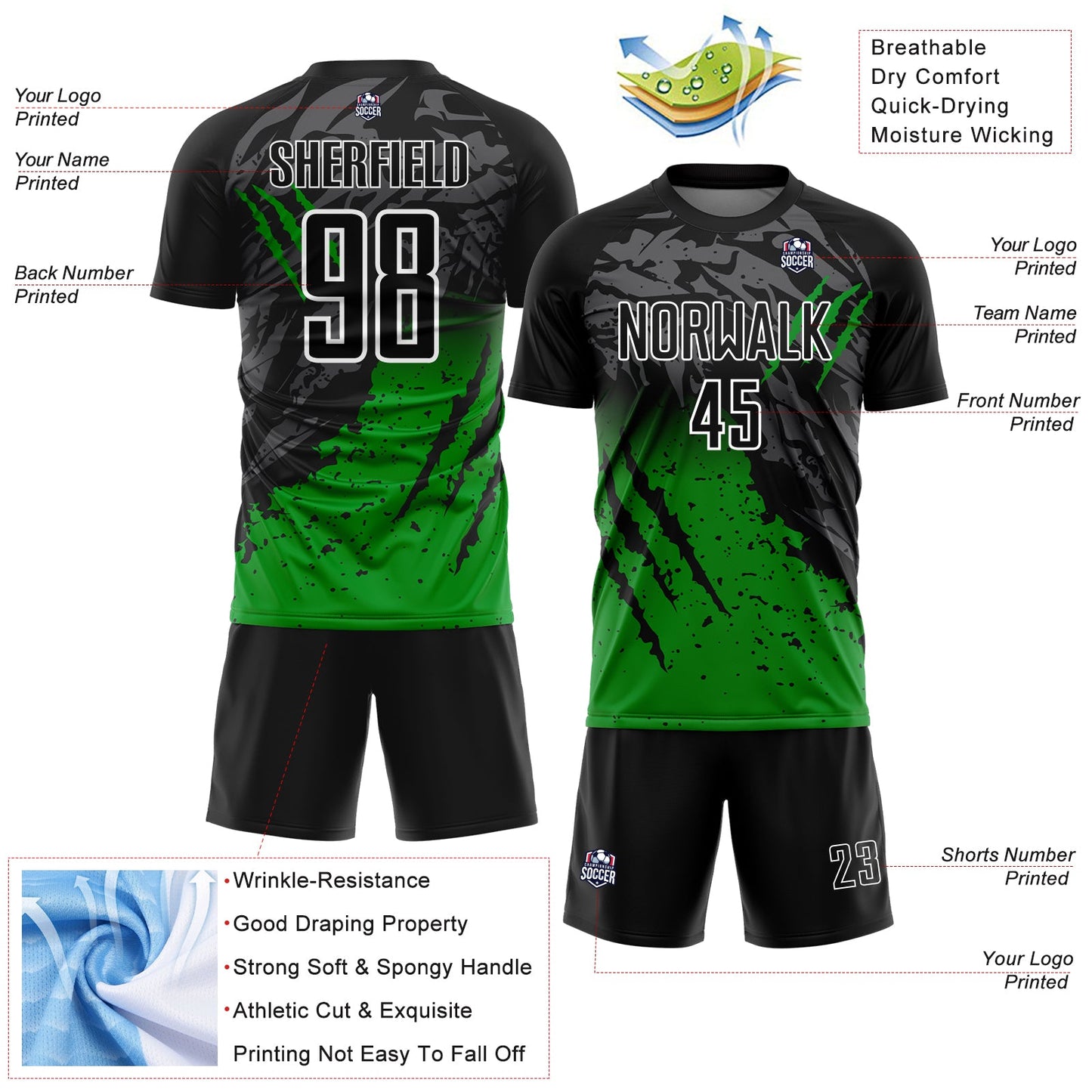 Custom Black White-Grass Green Gradient Claw Mark Splatter Sports Sublimation Soccer Uniform Jersey view 4