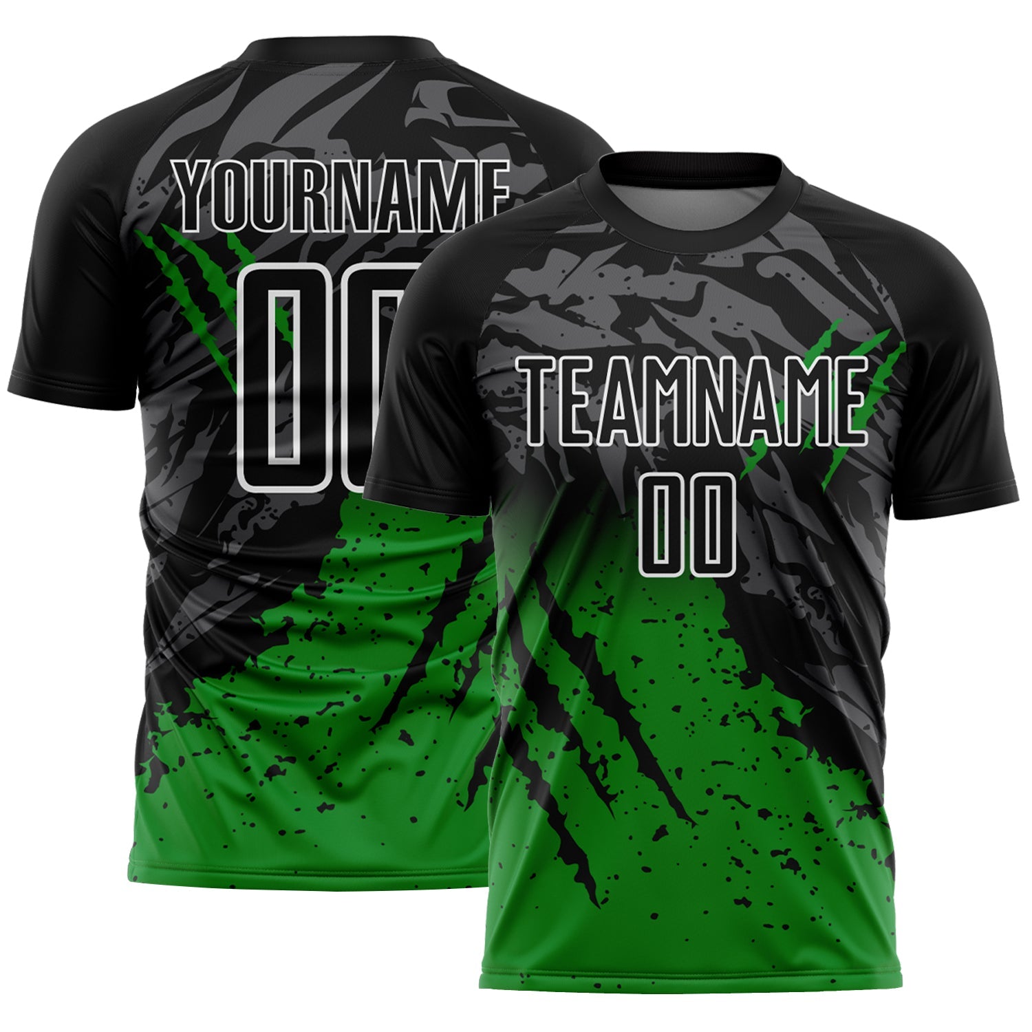 Custom Black White-Grass Green Gradient Claw Mark Splatter Sports Sublimation Soccer Uniform Jersey - Main View