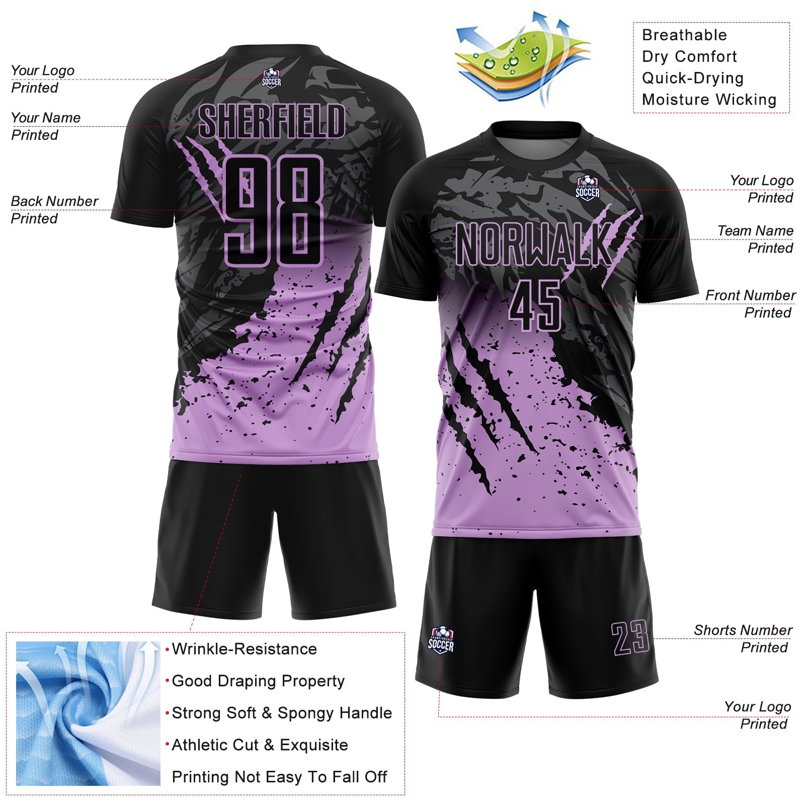 Custom Black Light Purple Gradient Claw Mark Splatter Sports Sublimation Soccer Uniform Jersey view 4