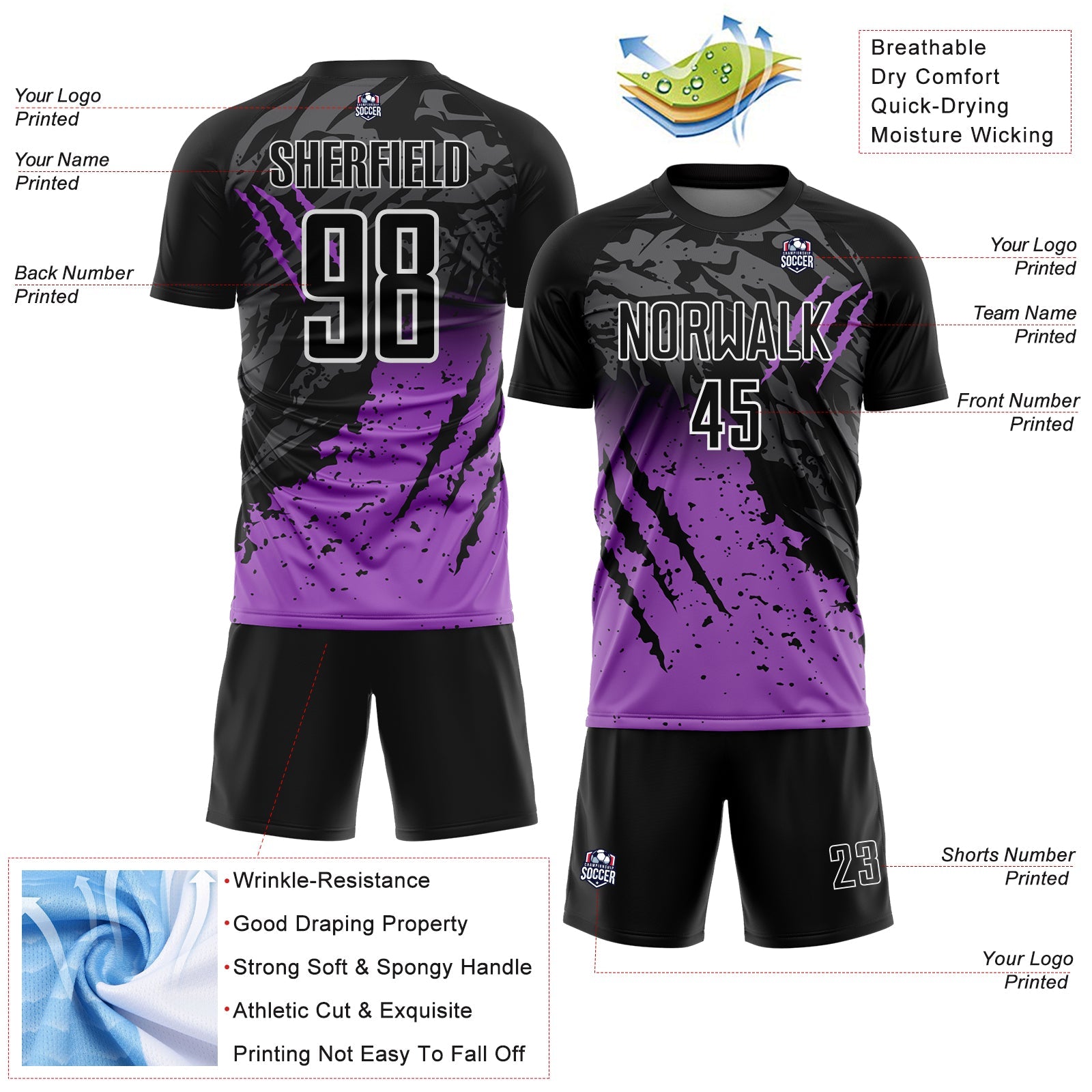 Custom Black White-Medium Purple Gradient Claw Mark Splatter Sports Sublimation Soccer Uniform Jersey view 4