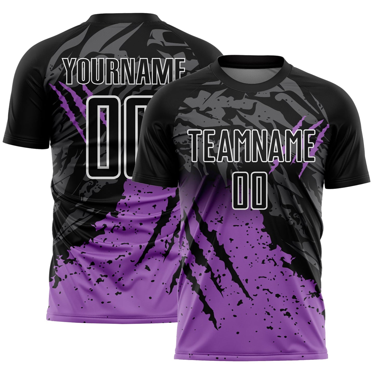 Custom Black White-Medium Purple Gradient Claw Mark Splatter Sports Sublimation Soccer Uniform Jersey - Main View