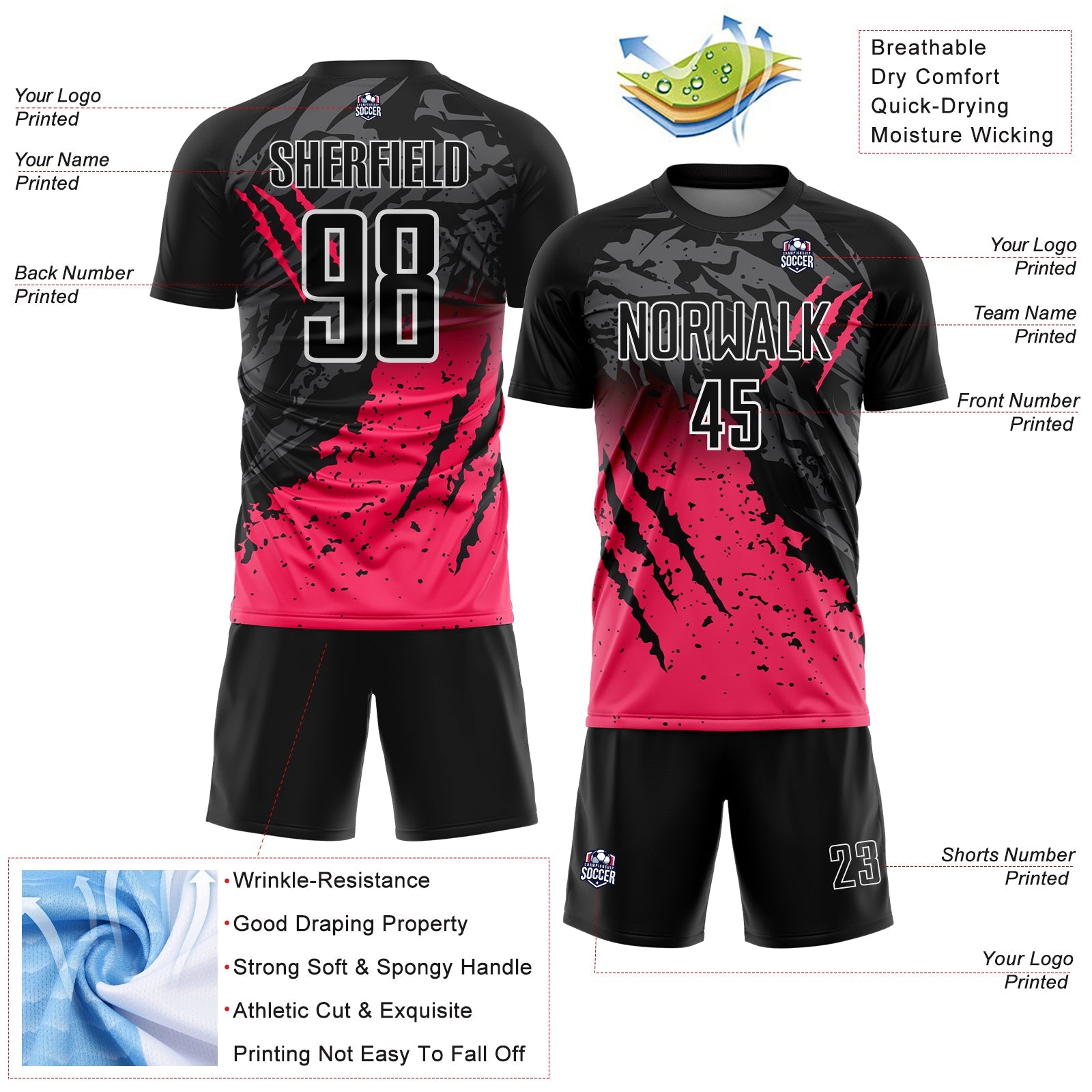 Custom Black White-Neon Pink Gradient Claw Mark Splatter Sports Sublimation Soccer Uniform Jersey view 4