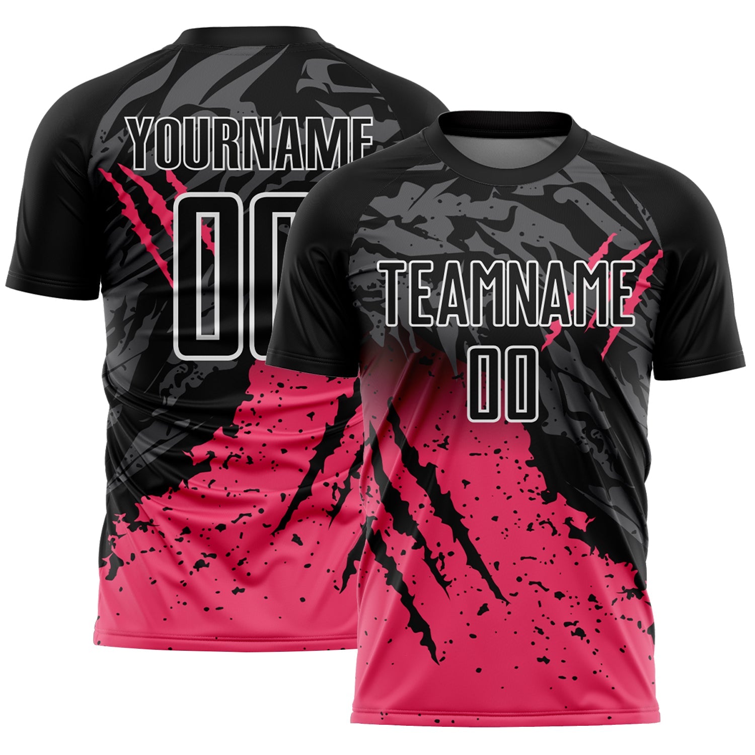 Custom Black White-Neon Pink Gradient Claw Mark Splatter Sports Sublimation Soccer Uniform Jersey - Main View