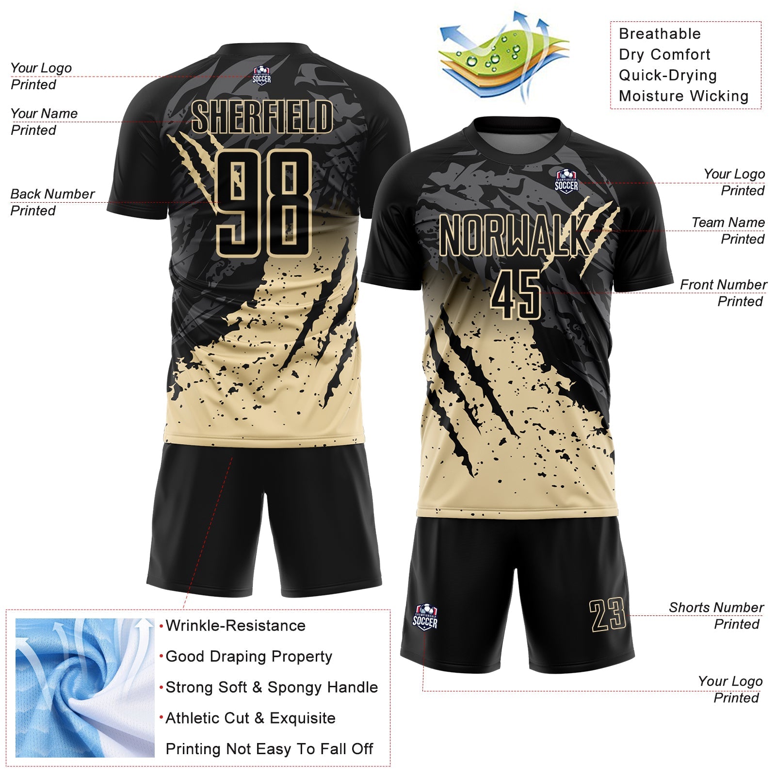 Custom Black Cream Gradient Claw Mark Splatter Sports Sublimation Soccer Uniform Jersey view 4