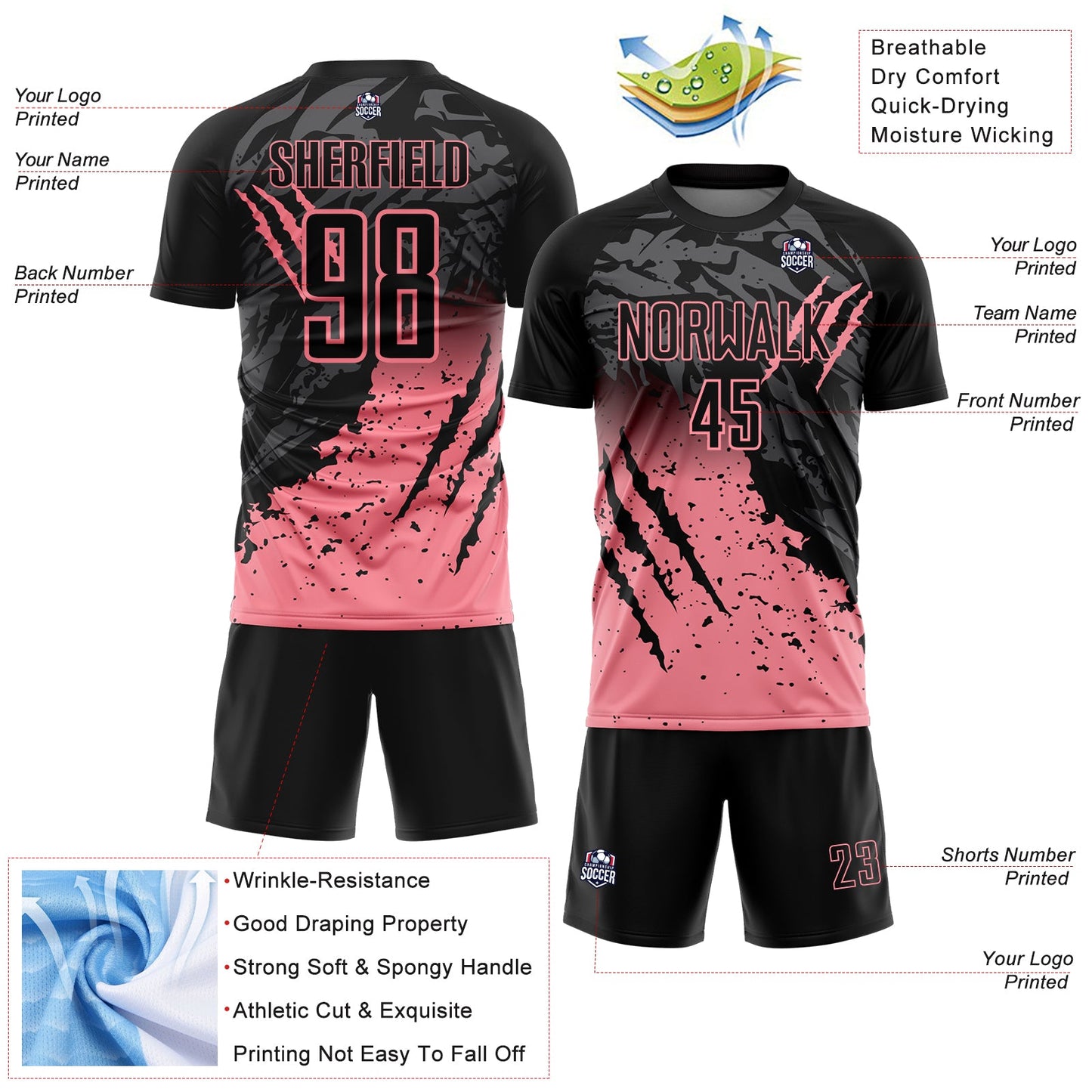 Custom Black Medium Pink Gradient Claw Mark Splatter Sports Sublimation Soccer Uniform Jersey view 4