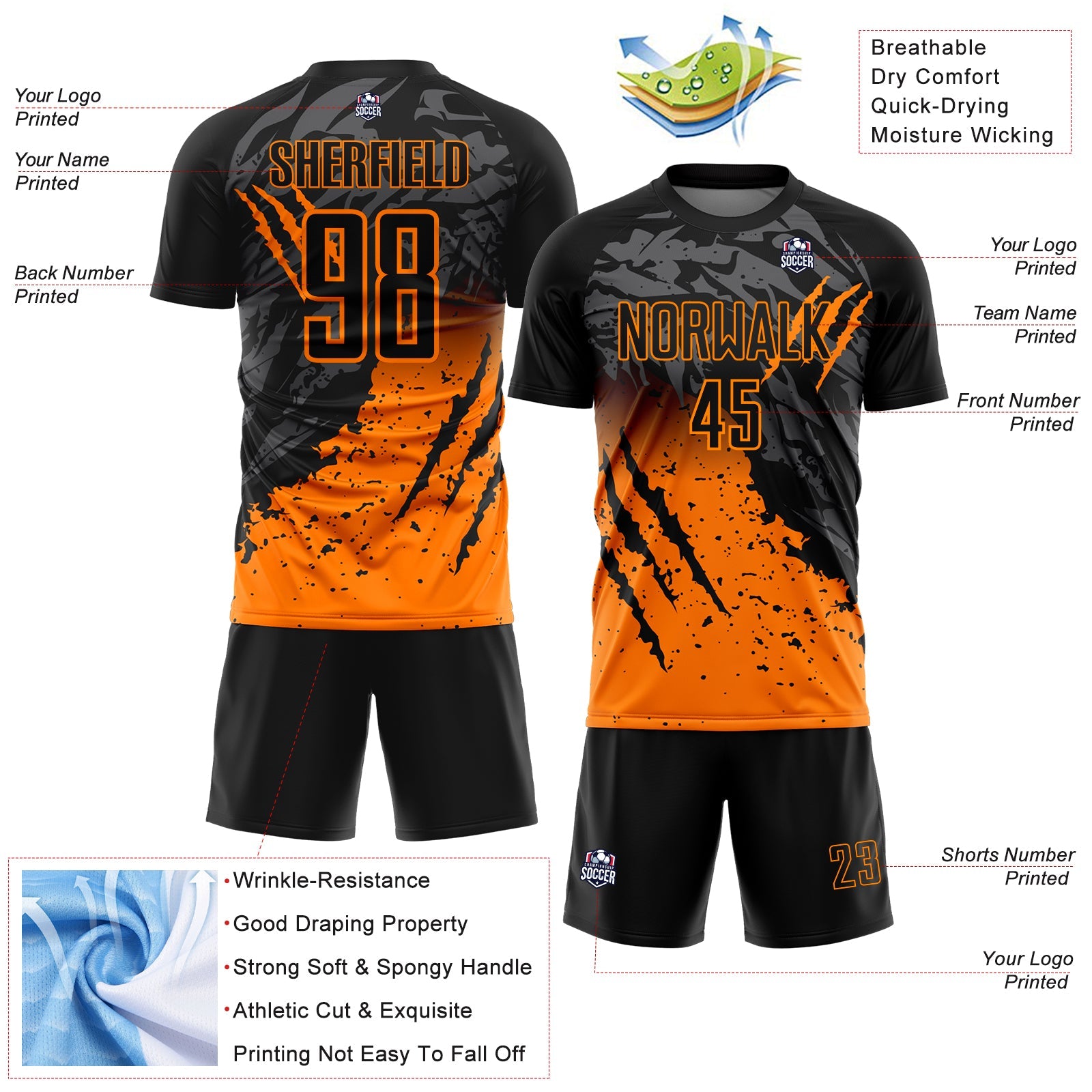 Custom Black Bay Orange Gradient Claw Mark Splatter Sports Sublimation Soccer Uniform Jersey view 4