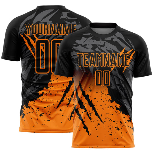 Custom Black Bay Orange Gradient Claw Mark Splatter Sports Sublimation Soccer Uniform Jersey - Main View