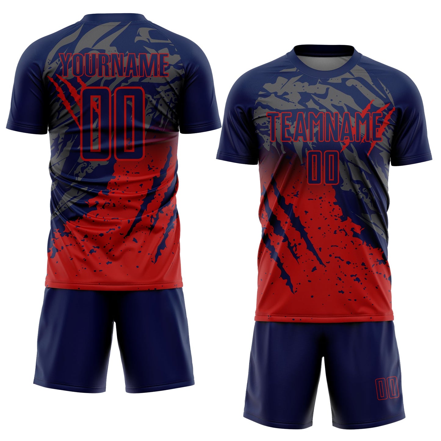 Custom Navy Red Gradient Claw Mark Splatter Sports Sublimation Soccer Uniform Jersey view 2