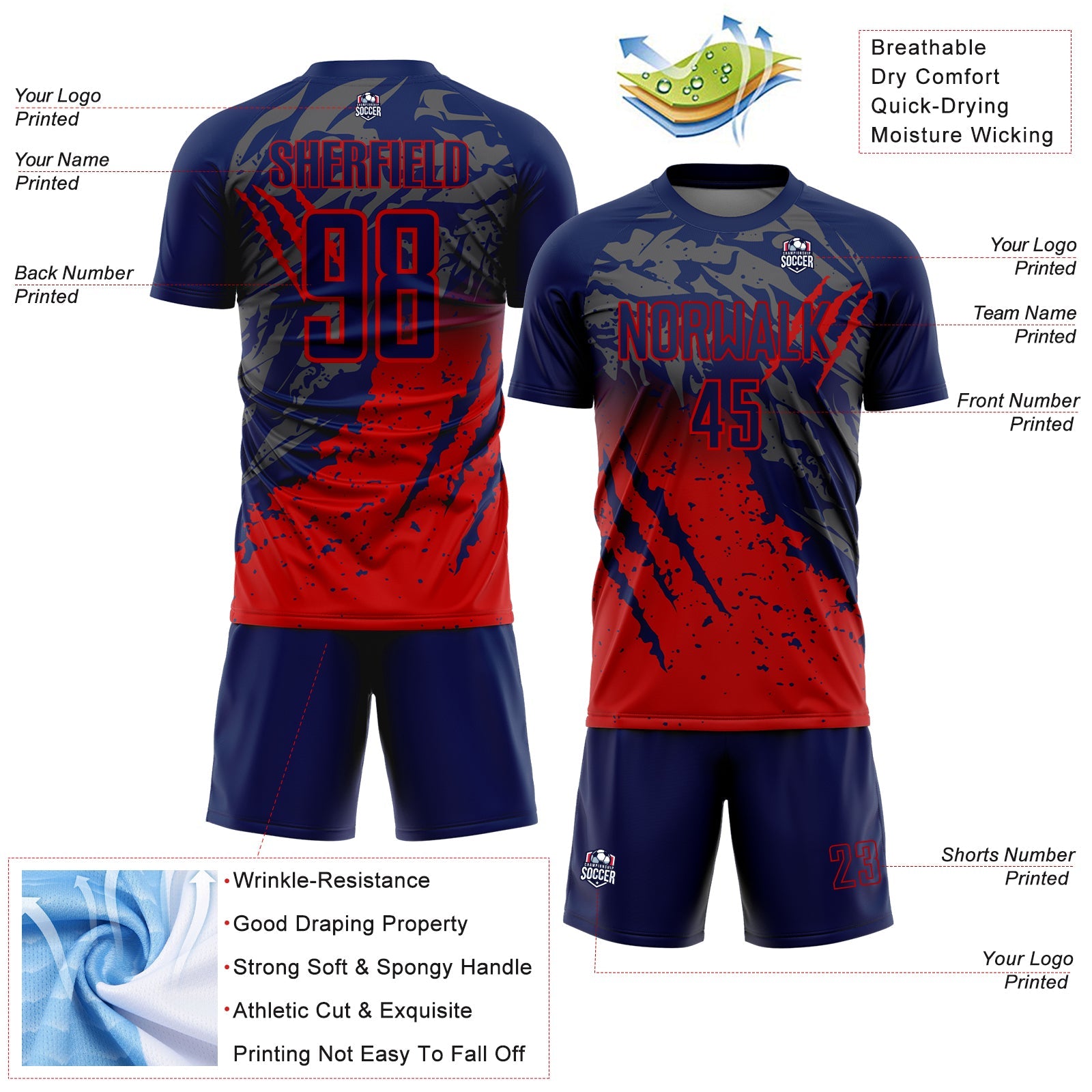 Custom Navy Red Gradient Claw Mark Splatter Sports Sublimation Soccer Uniform Jersey view 4