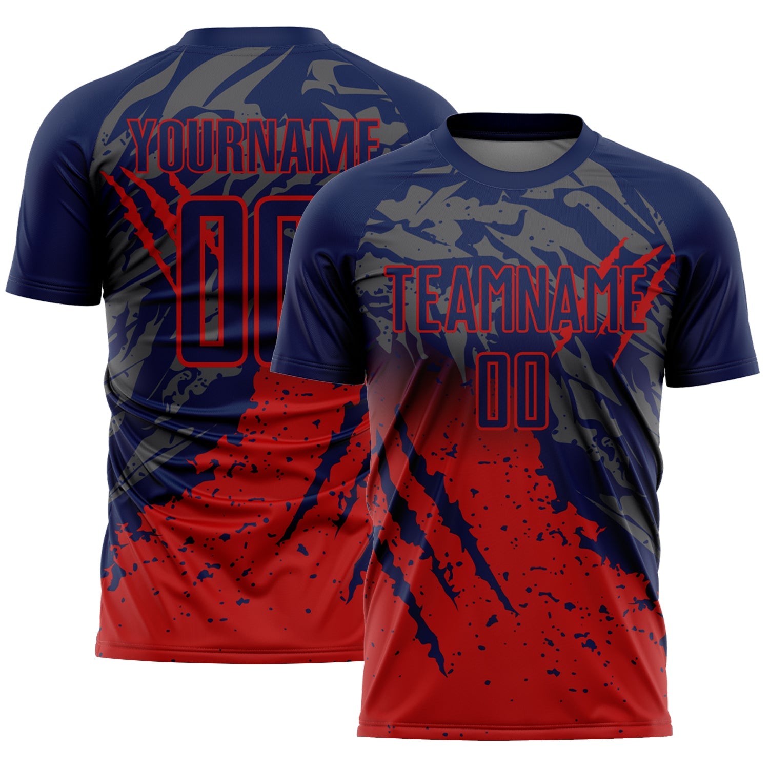 Custom Navy Red Gradient Claw Mark Splatter Sports Sublimation Soccer Uniform Jersey - Main View