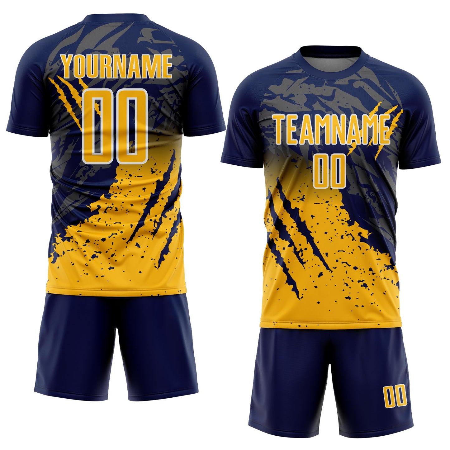 Custom Navy Gold-White Gradient Claw Mark Splatter Sports Sublimation Soccer Uniform Jersey view 2