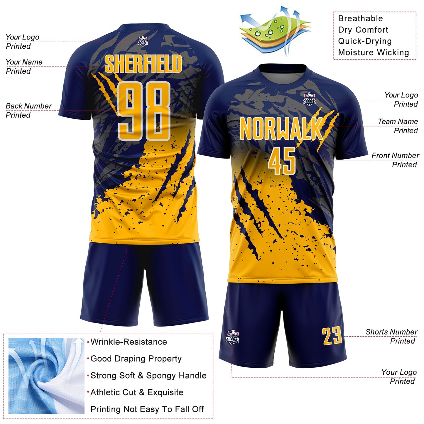 Custom Navy Gold-White Gradient Claw Mark Splatter Sports Sublimation Soccer Uniform Jersey view 4