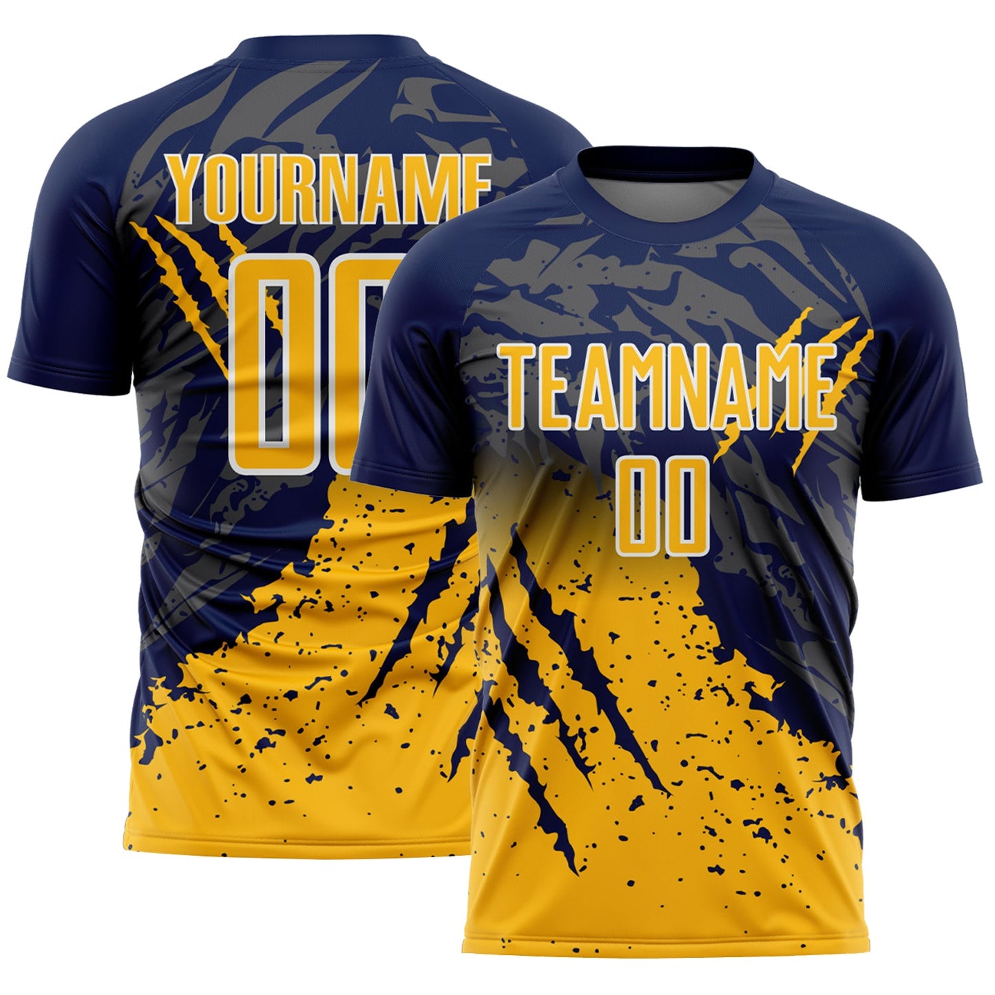 Custom Navy Gold-White Gradient Claw Mark Splatter Sports Sublimation Soccer Uniform Jersey - Main View