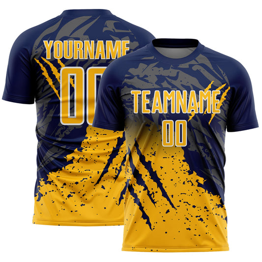 Custom Navy Gold-White Gradient Claw Mark Splatter Sports Sublimation Soccer Uniform Jersey - Main View