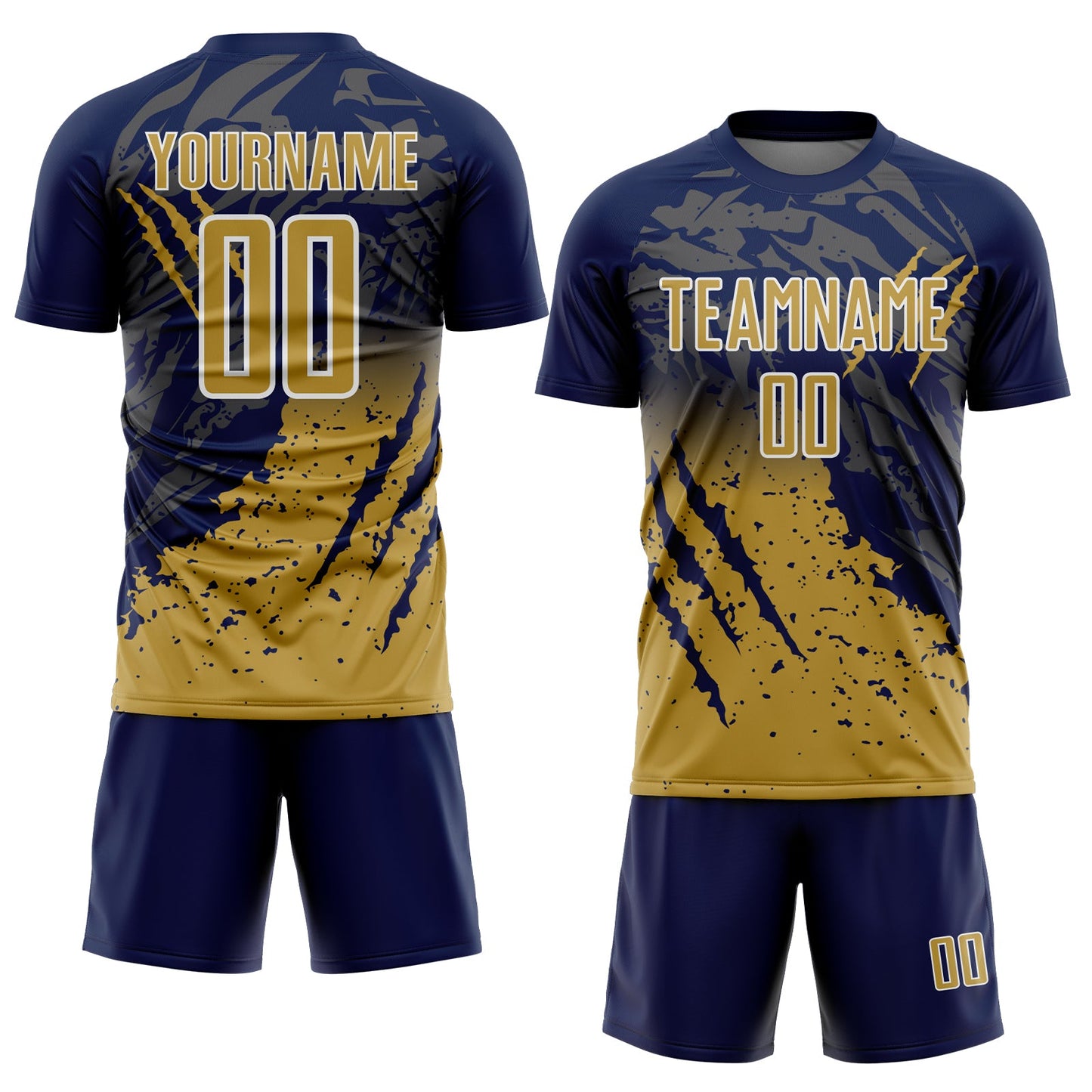 Custom Navy Old Gold-White Gradient Claw Mark Splatter Sports Sublimation Soccer Uniform Jersey view 2