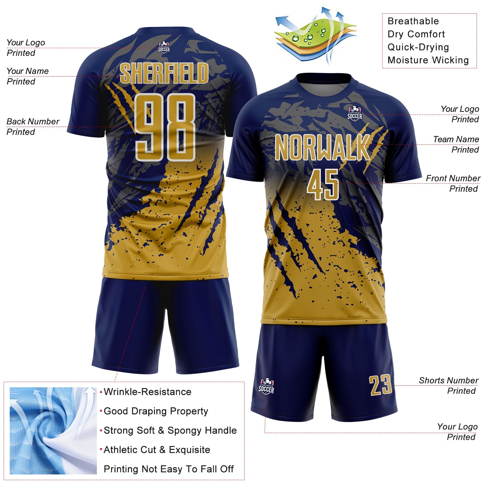 Custom Navy Old Gold-White Gradient Claw Mark Splatter Sports Sublimation Soccer Uniform Jersey view 4