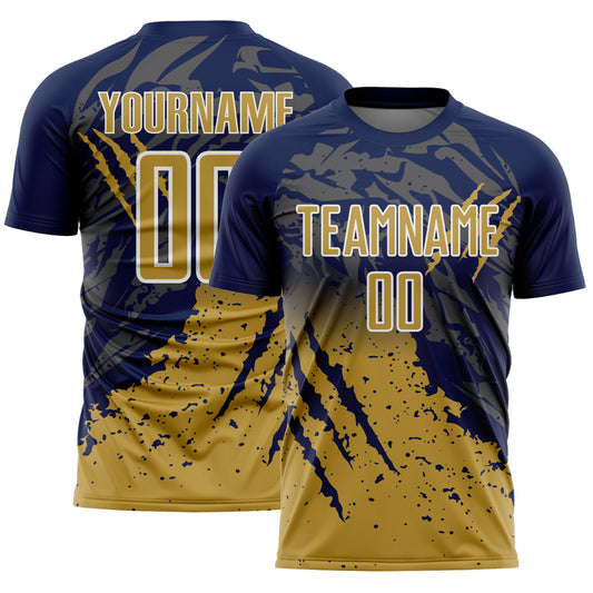Custom Navy Old Gold-White Gradient Claw Mark Splatter Sports Sublimation Soccer Uniform Jersey - Main View