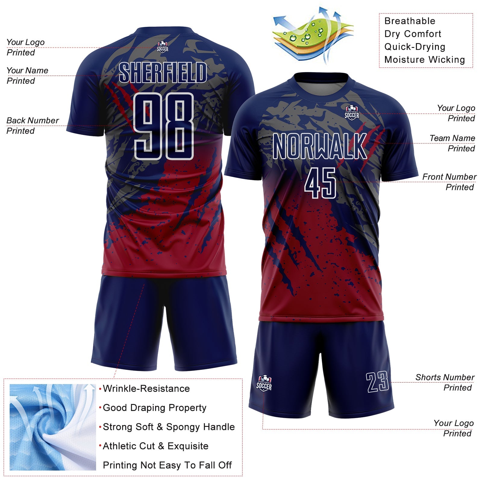 Custom Navy White-Crimson Gradient Claw Mark Splatter Sports Sublimation Soccer Uniform Jersey view 4