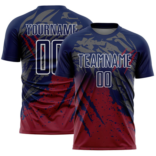 Custom Navy White-Crimson Gradient Claw Mark Splatter Sports Sublimation Soccer Uniform Jersey - Main View
