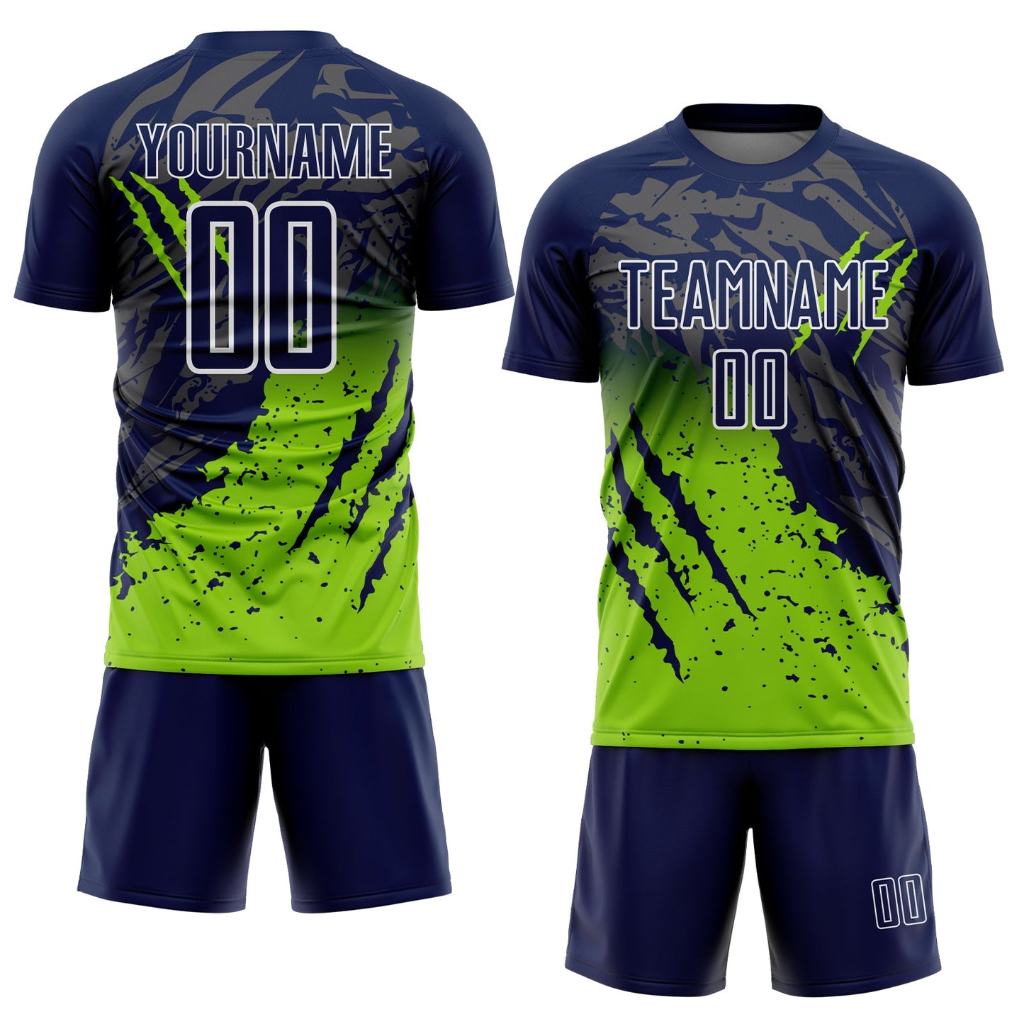 Custom Navy White-Neon Green Gradient Claw Mark Splatter Sports Sublimation Soccer Uniform Jersey view 2