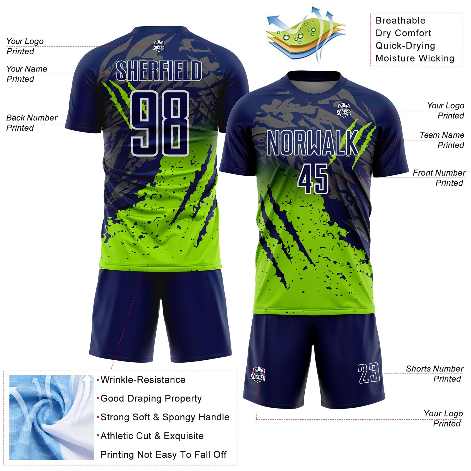 Custom Navy White-Neon Green Gradient Claw Mark Splatter Sports Sublimation Soccer Uniform Jersey view 4