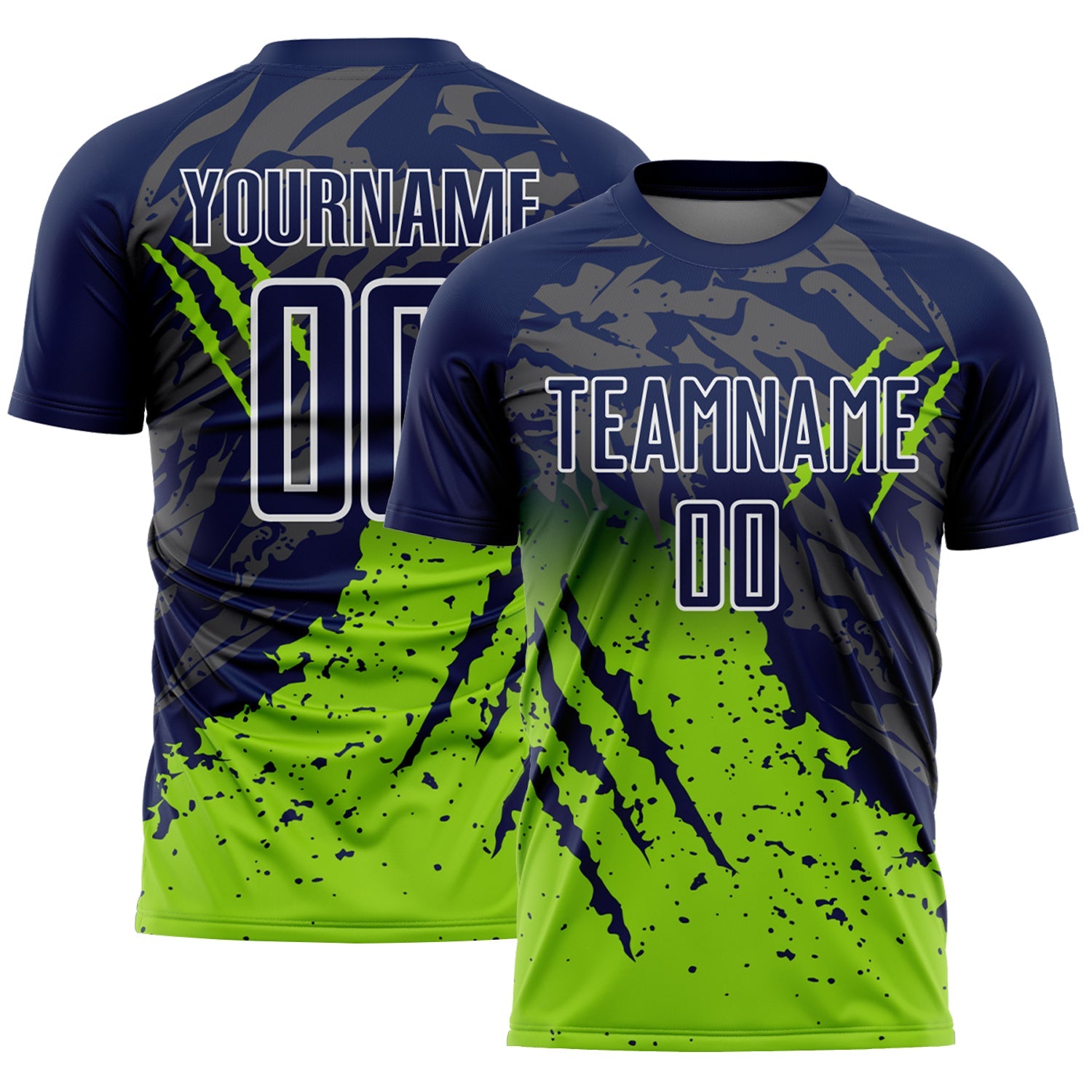 Custom Navy White-Neon Green Gradient Claw Mark Splatter Sports Sublimation Soccer Uniform Jersey - Main View