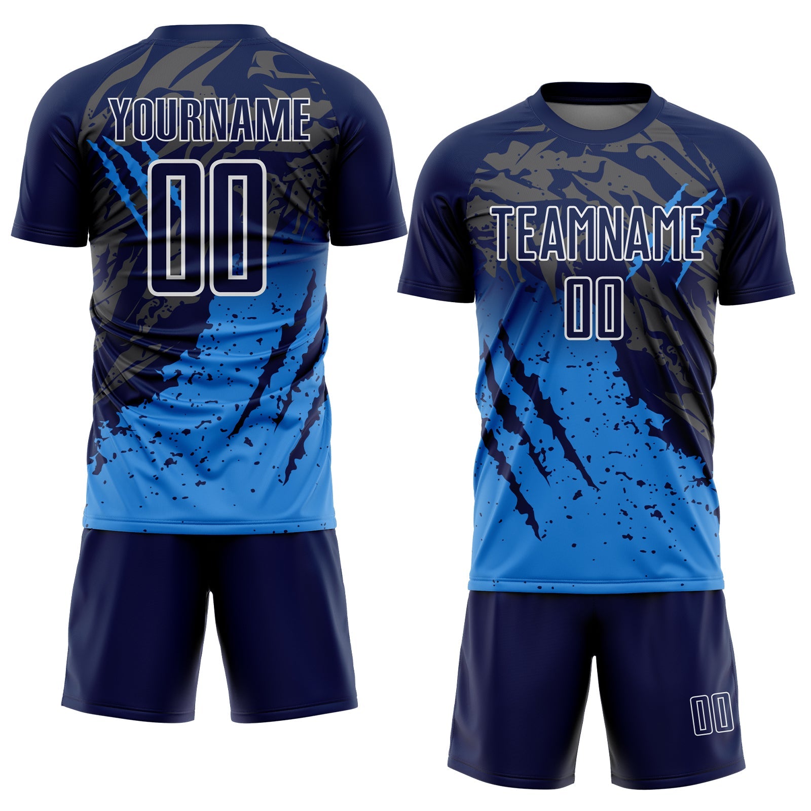 Custom Navy White-Powder Blue Gradient Claw Mark Splatter Sports Sublimation Soccer Uniform Jersey view 2