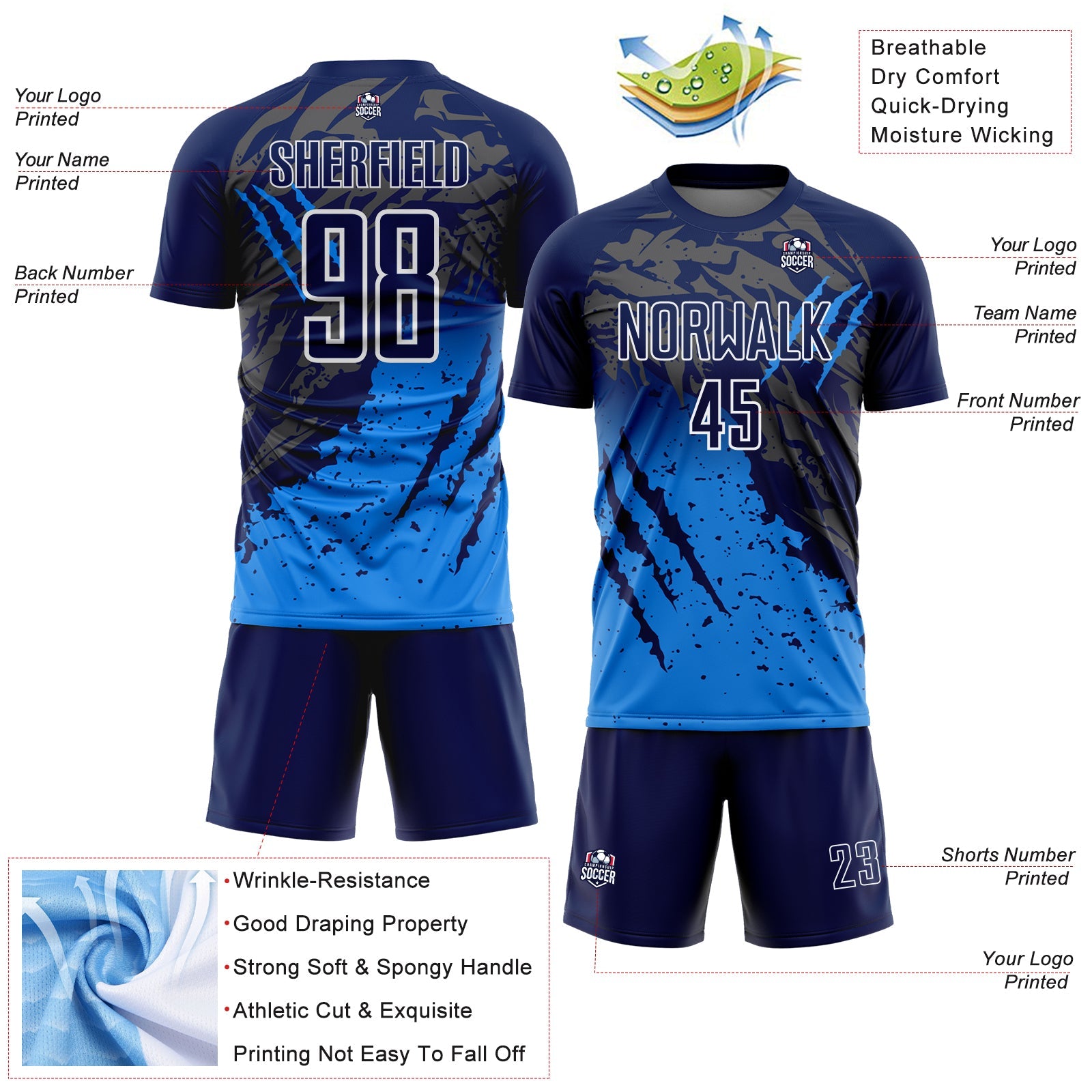 Custom Navy White-Powder Blue Gradient Claw Mark Splatter Sports Sublimation Soccer Uniform Jersey view 4