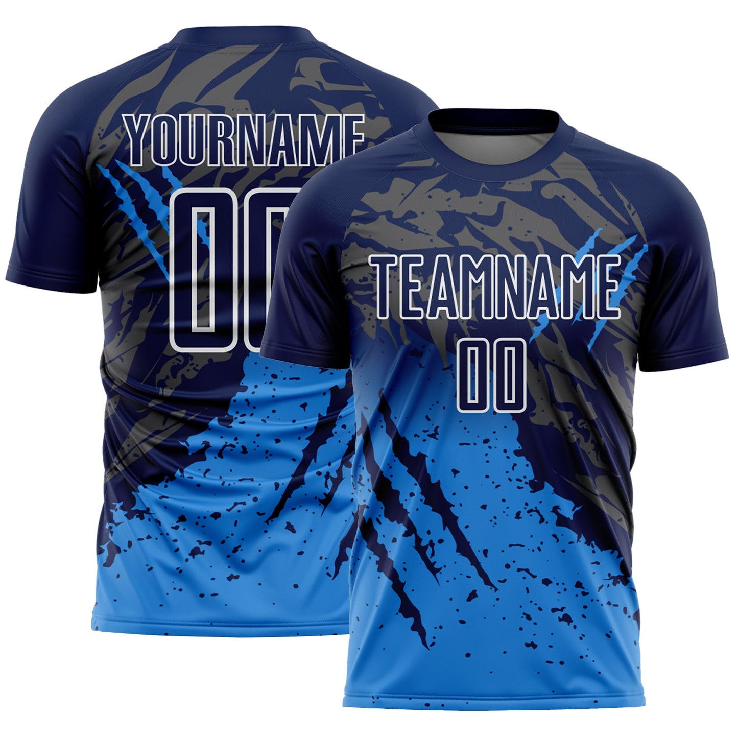 Custom Navy White-Powder Blue Gradient Claw Mark Splatter Sports Sublimation Soccer Uniform Jersey - Main View