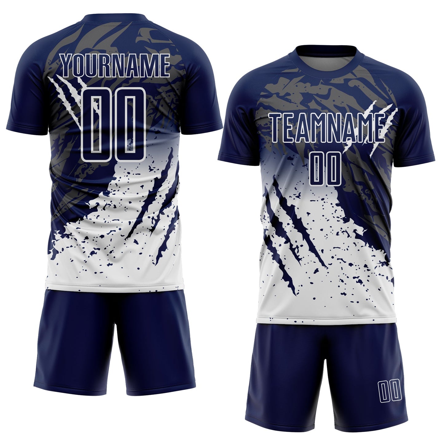 Custom Navy White Gradient Claw Mark Splatter Sports Sublimation Soccer Uniform Jersey view 2