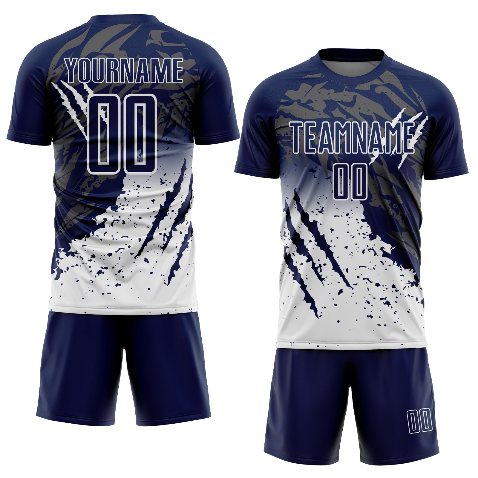 Custom Navy White Gradient Claw Mark Splatter Sports Sublimation Soccer Uniform Jersey view 2
